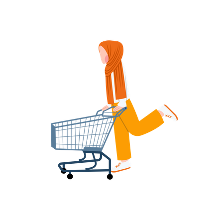 Muslim Woman Pushing Shopping Trolley  Illustration