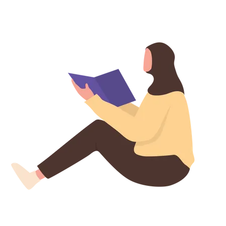 Muslim woman reading book while sitting on floor Illustration
