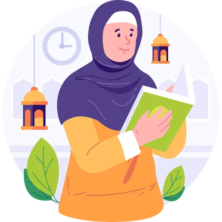 Muslim Woman Reading Quran Illustration Illustration