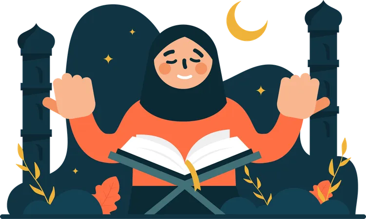 The Illustration Of Woman Reading The Quran Is A Visually Appealing Image That Conveys Warm Wishes And Celebration During Eid This Image Can Be Used In Marketing Materials Social Media Posts And Greeting Cards To Connect With Muslim Audiences Illustration