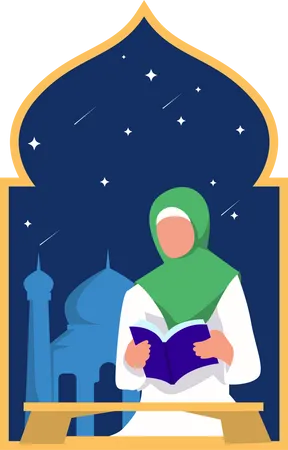 Muslim woman reading Quran  イラスト