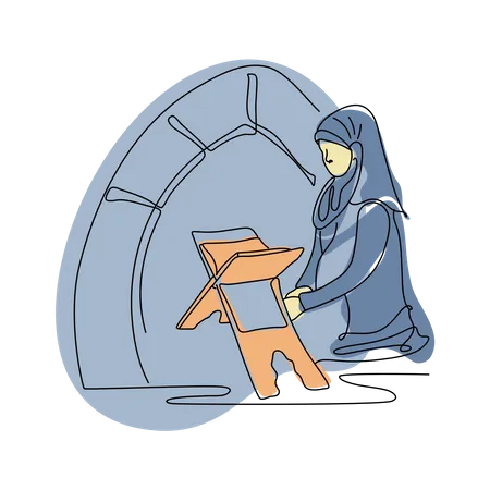 Muslim woman reading quran book  Illustration