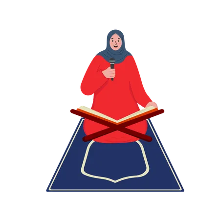 Muslim woman reading quran While Holding Microphone  Illustration