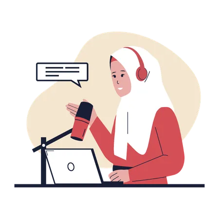 Muslim Woman Recording A Podcast Illustration For Websites Landing Pages Mobile Apps Posters And Banners Illustration