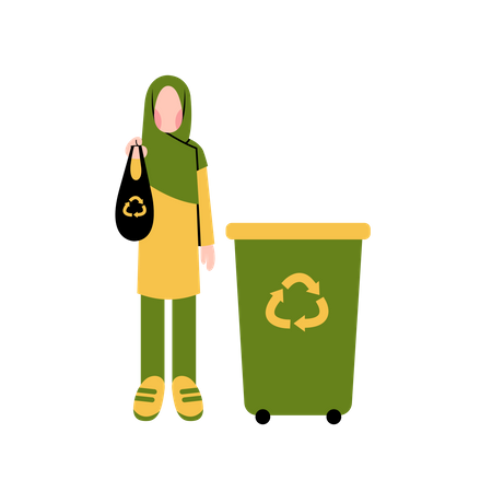 Muslim woman recycling garbage  Illustration