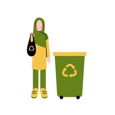 Muslim woman recycling garbage  일러스트레이션