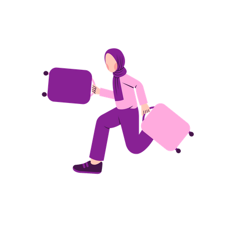 Muslim woman running with luggage Illustration