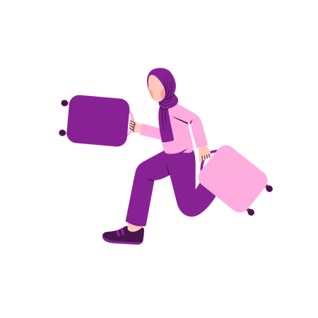 Muslim woman running with luggage  Illustration