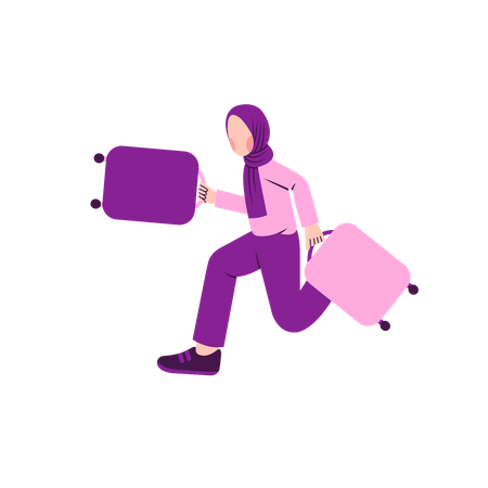 Muslim woman running with luggage  Illustration