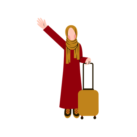 Muslim woman say hello while holding backpack  Illustration