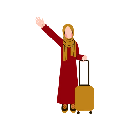 Muslim woman say hello while holding backpack Illustration
