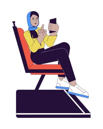 Muslim Woman Commuter Phone Scrolling 2 D Linear Cartoon Character Scarf Hijab Female Passenger Isolated Line Vector Person White Background Public Transport Traveler Color Flat Spot Illustration Illustration