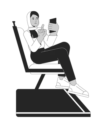 Muslim Woman Commuter Phone Scrolling Black And White 2 D Line Cartoon Character Scarf Hijab Female Passenger Isolated Vector Outline Person Transport Traveler Monochromatic Flat Spot Illustration Illustration