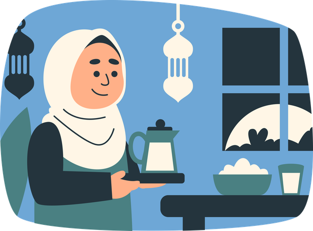 Muslim Woman Serving Drink and Food  Illustration