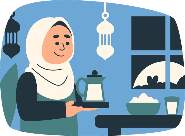 Muslim Woman Serving Drink and Food  Illustration