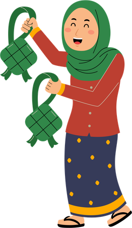 Muslim woman share ketupat  Illustration