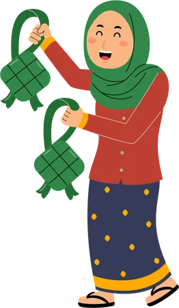 Muslim woman share ketupat  Illustration