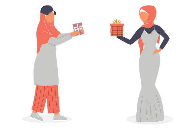 Muslim woman sharing gifts to each other  Illustration