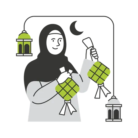 Muslim woman sharing rice during Ramadan  Illustration