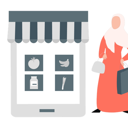 Muslim woman shopping for groceries online  Illustration