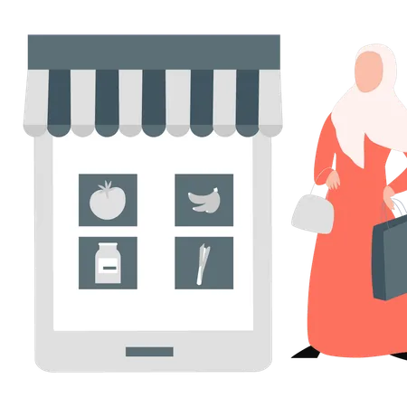 Muslim woman shopping for groceries online  Illustration