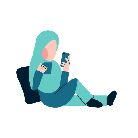 Muslim Woman Playing Phone Illustration