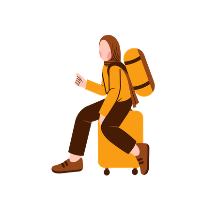 Muslim woman sit on luggage  Illustration