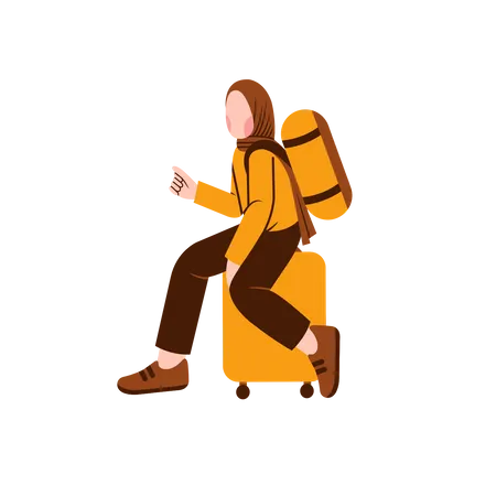 Muslim woman sit on luggage  Illustration