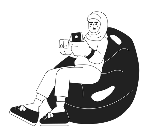 Muslim woman sitting beanbag with phone  Illustration