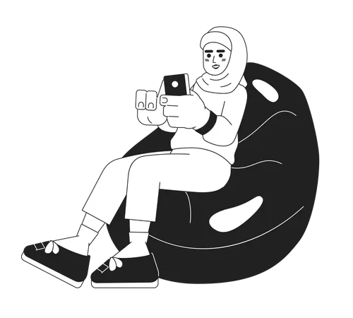 Muslim Woman Sitting Beanbag With Phone Black And White Cartoon Flat Illustration Relaxing Hijab Girl On Bag Chair Linear 2 D Character Isolated Scroll Social Media Monochromatic Scene Vector Image Illustration