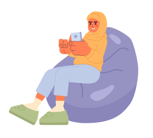 Muslim woman sitting beanbag with phone  Illustration