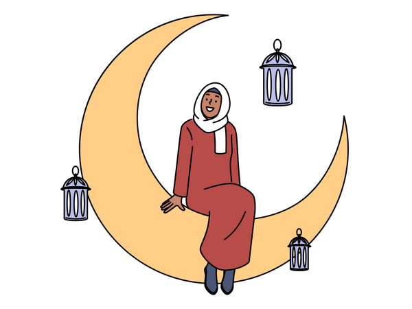 Muslim woman sitting on crescent moon  イラスト