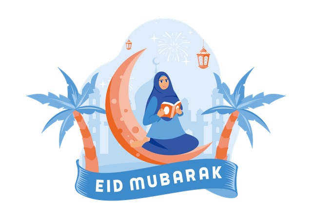 Muslim Woman Sitting On The Crescent Moon Celebrating Ramadan  イラスト