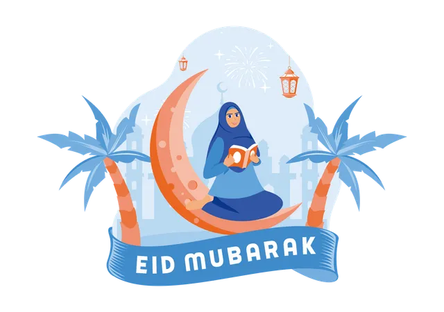 Muslim Woman Sitting On The Crescent Moon Celebrating Ramadan  Illustration