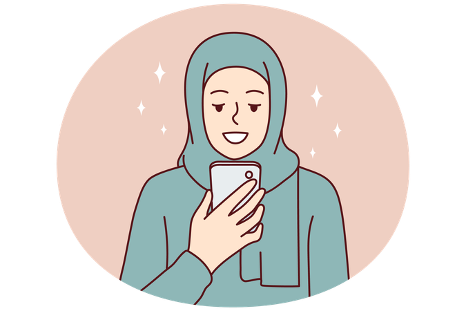Muslim woman smiling using mobile phone for text messaging  Illustration