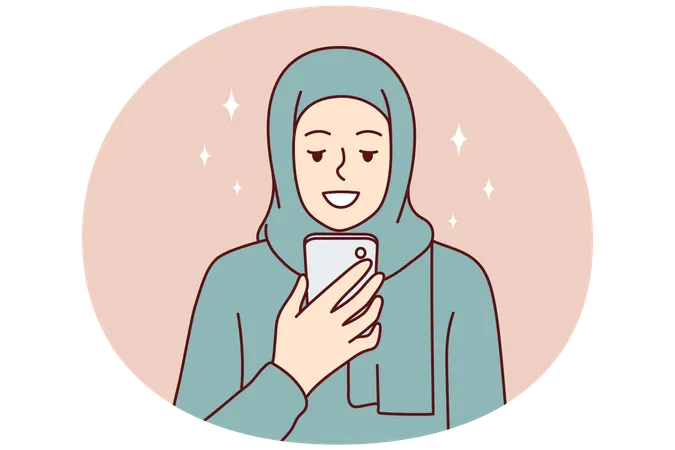 Muslim woman smiling using mobile phone for text messaging  Illustration