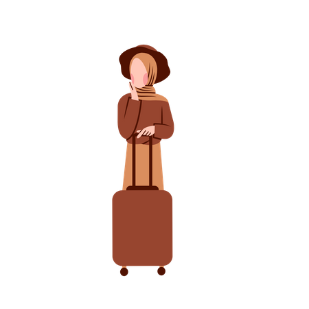 Muslim woman stand with luggage  Illustration