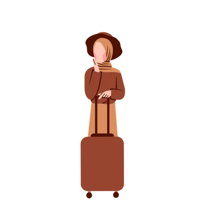 Muslim woman stand with luggage  Illustration