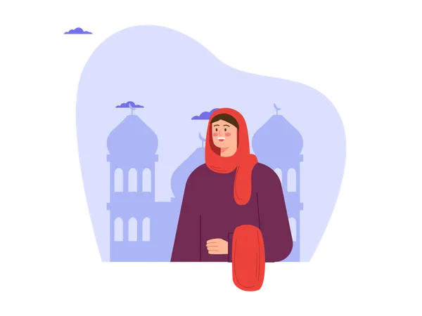 Muslim woman standing outside mosque  Illustration