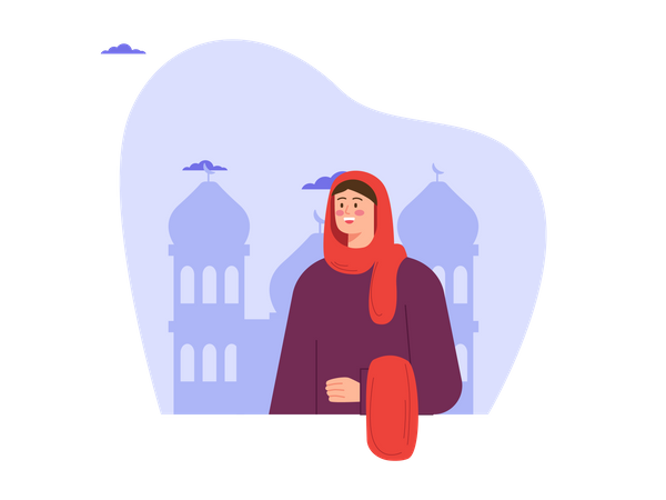 Muslim woman standing outside mosque  Illustration