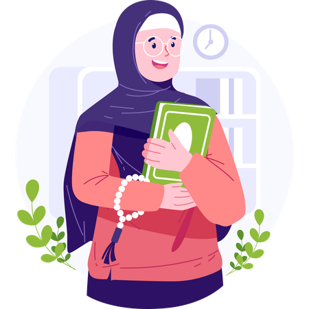 Muslim woman standing with Quran in hand  Illustration