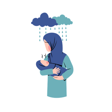 Muslim woman suffer from postpartum syndrome Illustration