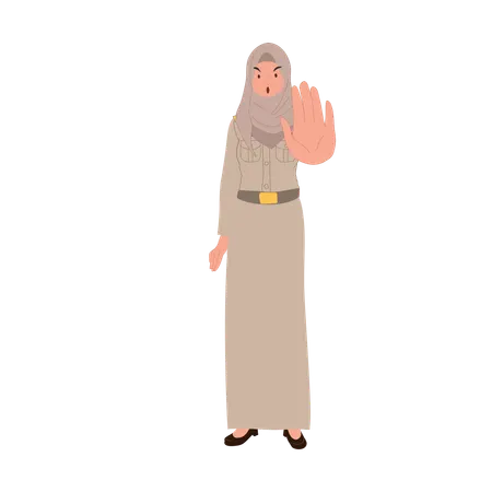 Muslim woman teacher in uniform making stop  Illustration