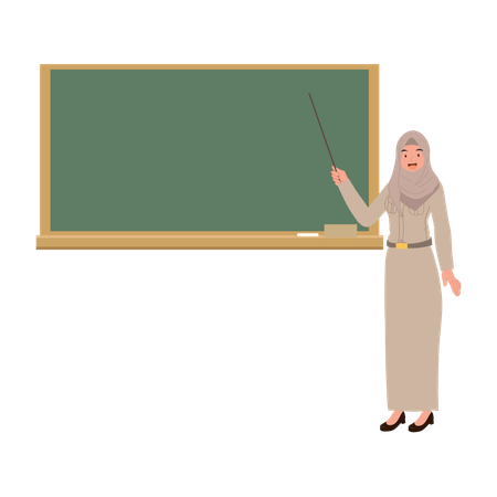 Muslim woman teacher pointing at blackboard in classroom  Illustration