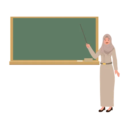 Muslim woman teacher pointing at blackboard in classroom  Illustration