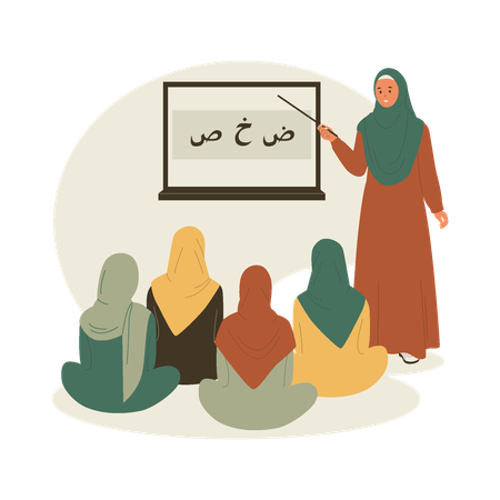 Muslim woman teaching Arabic letters in front of students  Illustration