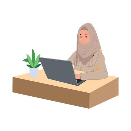 Muslim woman typing report at work desk with laptop  Illustration