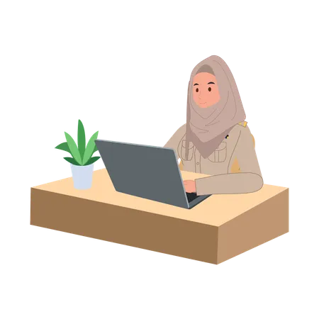 Muslim woman typing report at work desk with laptop  Illustration