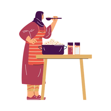 Muslim  woman uses a spoon to try the prepared holiday pilaf  Illustration