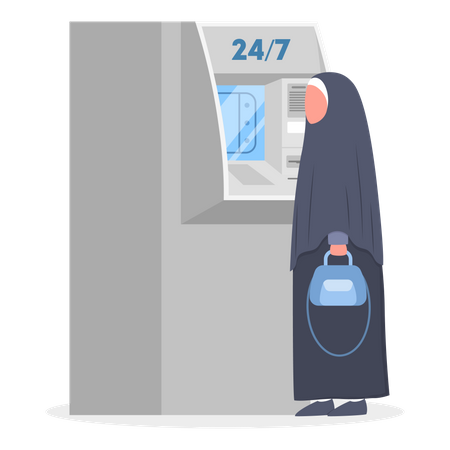 Muslim woman using bank ATM machine  Illustration